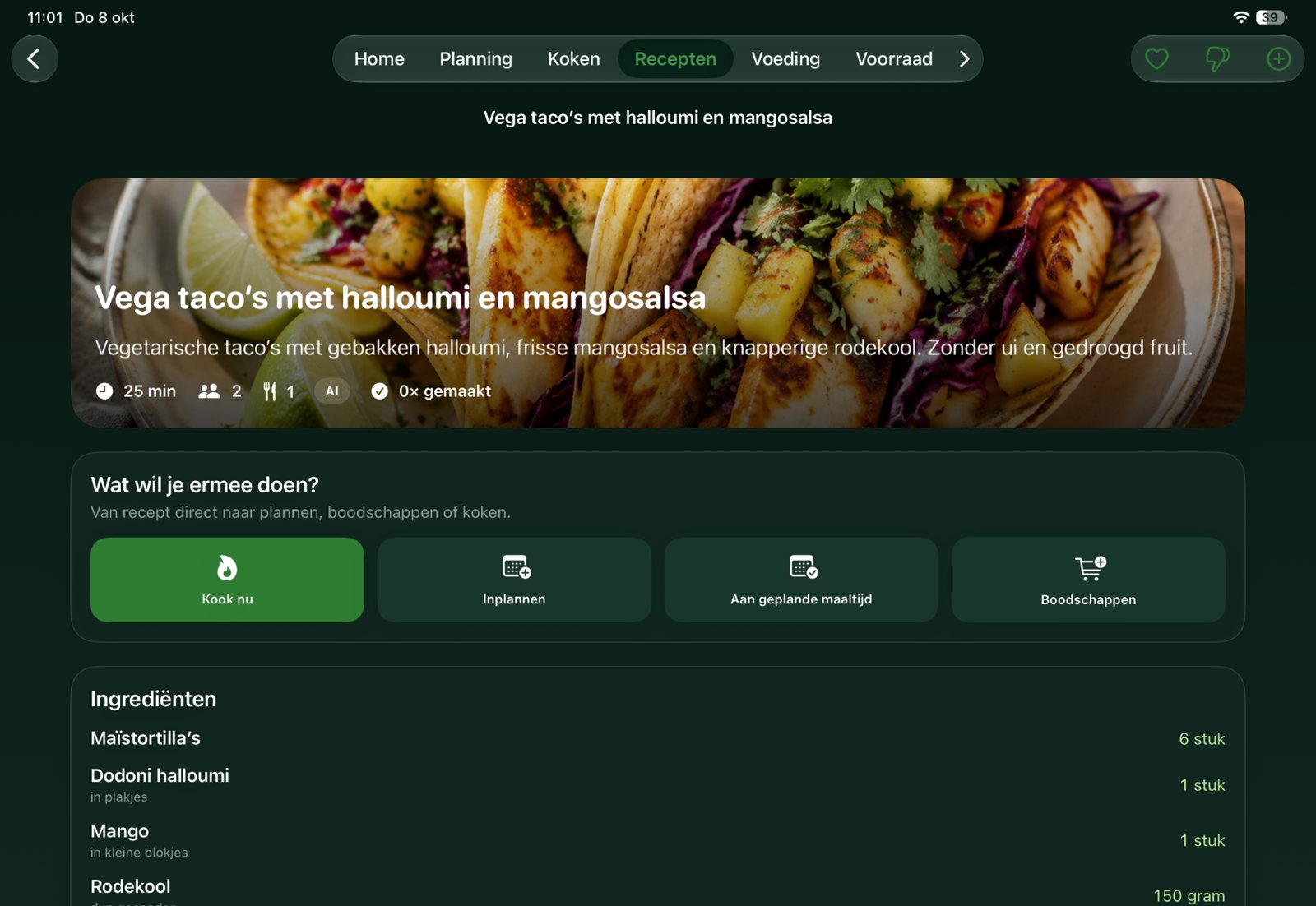 Receptdetails met acties en ingrediënten